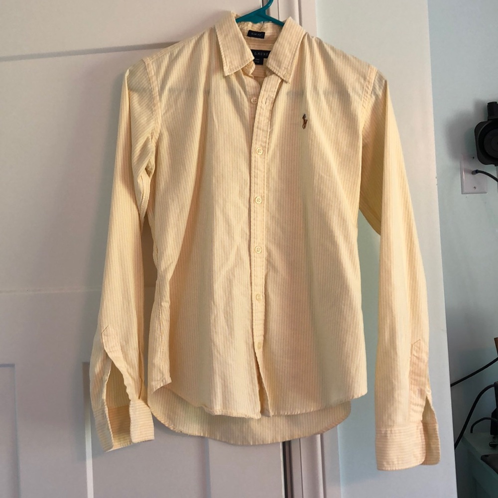 Yellow and white striped button down polo